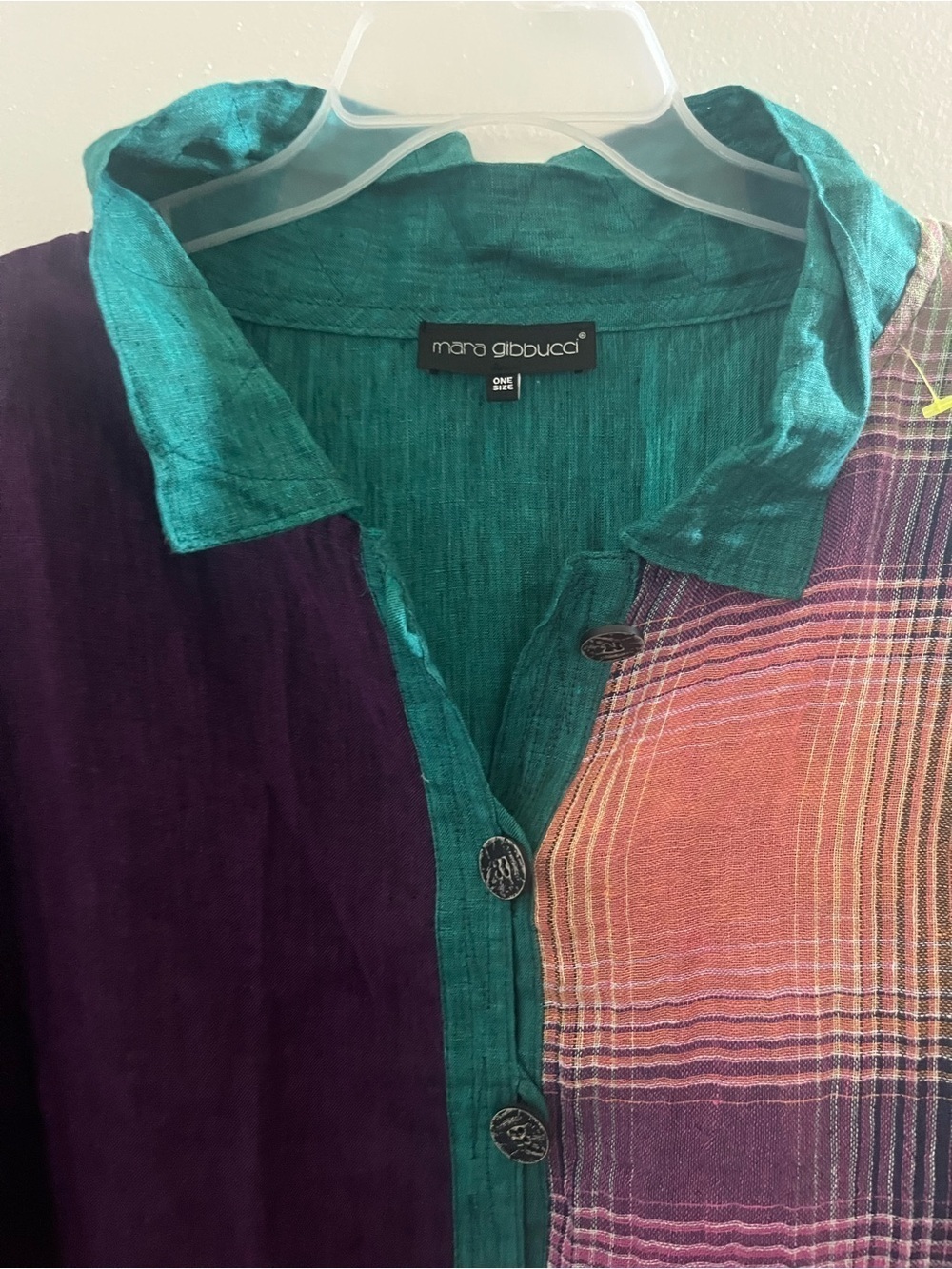 Mara Gibbucci Teal Lightweight Button plaid patch work Front Top - Picture 2 of 7